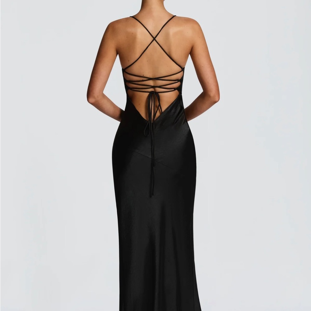 Women's Black Backless Satin Maxi Dress with Lace-Up Straps